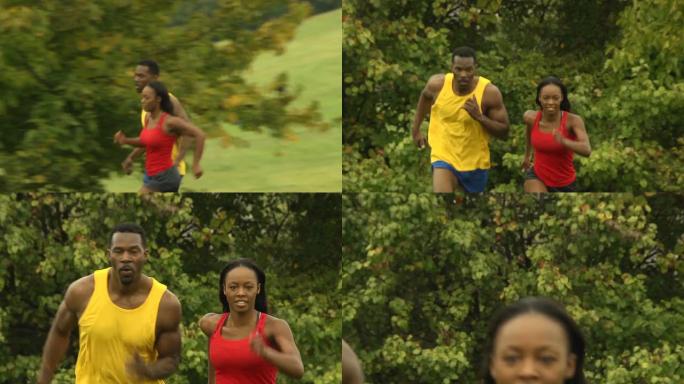 男女运动员跑向镜头