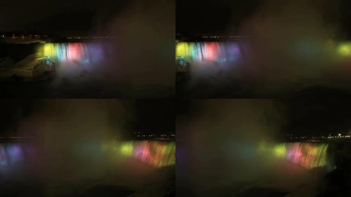 高清摇摄：加拿大安大略省尼亚加拉瀑布马蹄形的照明