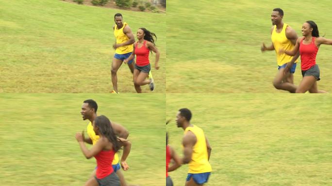 趣味运动双人从右向左跑