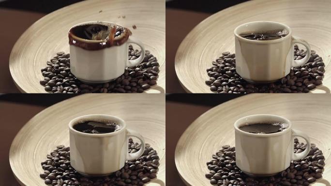 冰块在咖啡中飞溅手磨咖啡手工制作