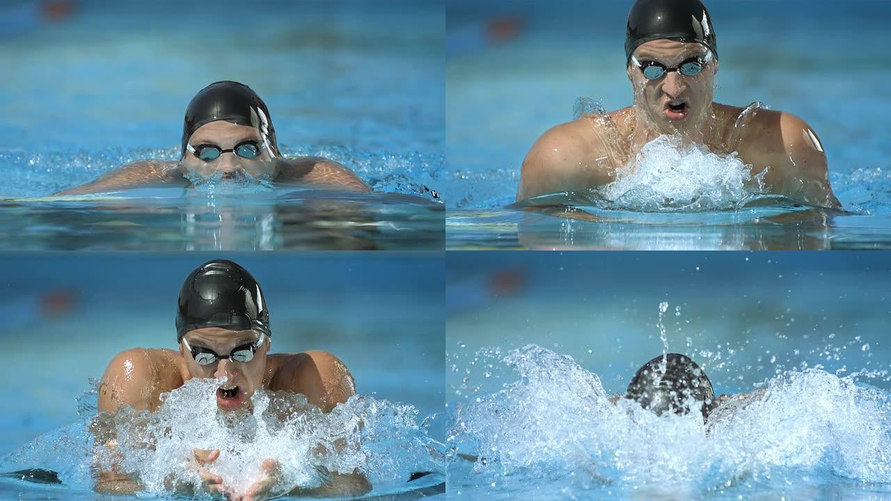 高清超慢动作: 年轻人游泳蛙泳
