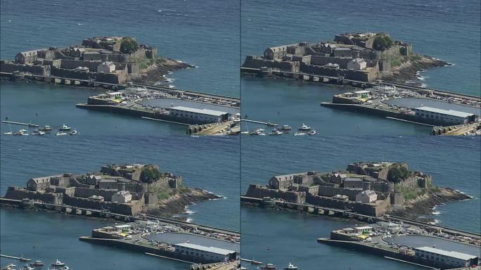 根西岛，城堡短号-鸟瞰图-直升机拍摄，空中视频，cineflex，建立镜头