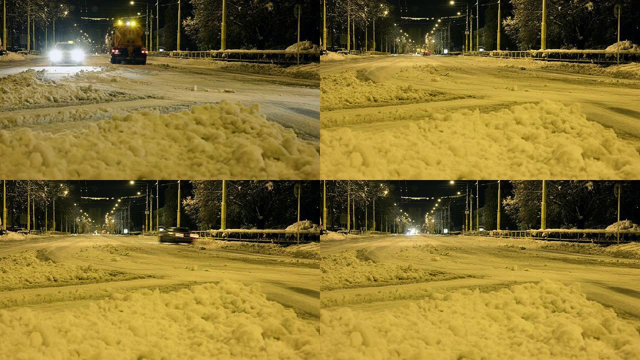 雪地犁车流公路夜景汽车