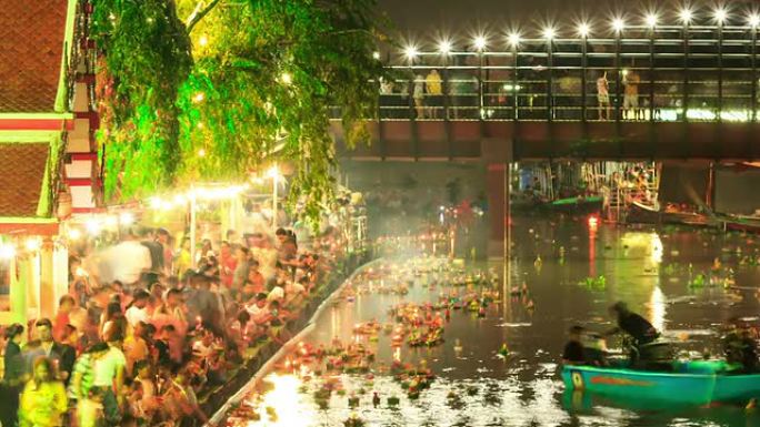 高清延时，漂浮蜡烛篮，loykratong节日，泰国曼谷
