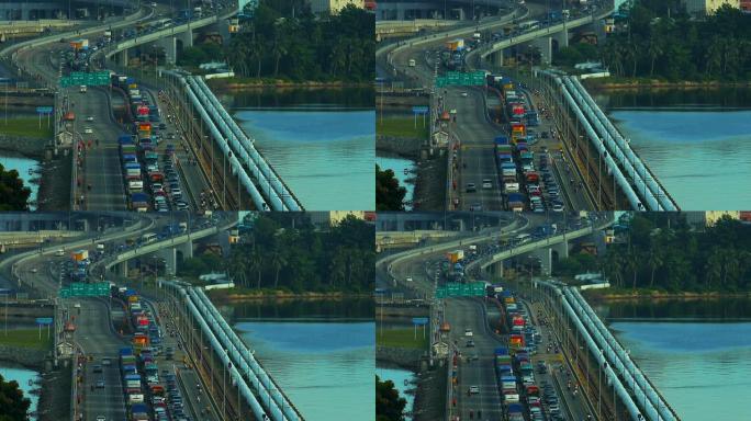 新加坡堤道大桥繁忙交通的特写镜头