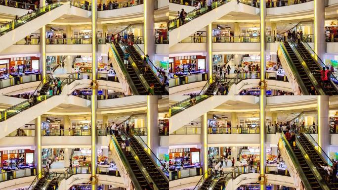 高清延时，人们在购物中心使用自动扶梯