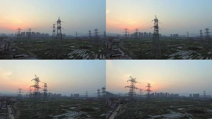 黄昏时杭州的塔架、城市景观和天际线。4k