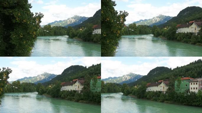 德国富森的阿尔卑斯山湖和巴伐利亚阿尔卑斯山的景色。