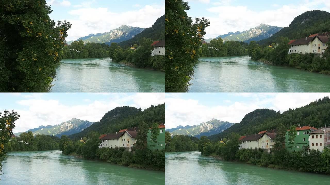 德国富森的阿尔卑斯山湖和巴伐利亚阿尔卑斯山的景色。