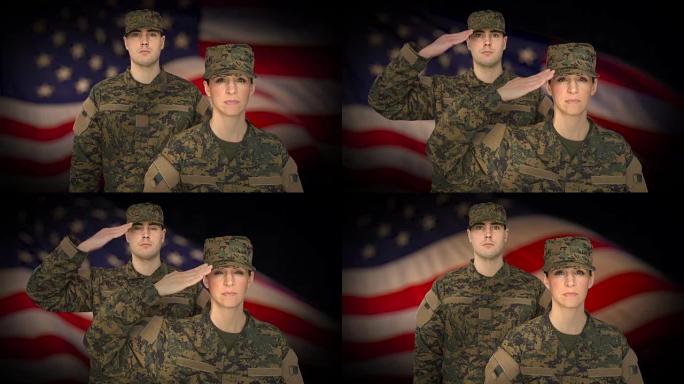 军人以美国国旗为背景行礼