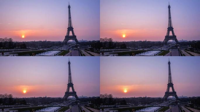 法国巴黎，日出时分，埃菲尔铁塔和特罗卡德罗花园的喷泉
