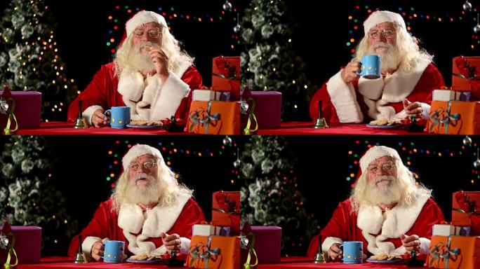 圣诞老人吃饼干老年人装扮特写镜头红色服装
