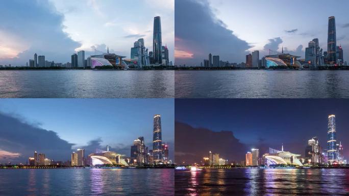 全景天际线，广州现代建筑在河岸日夜