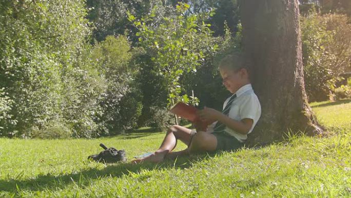 高清:小男孩在外面读书的广角镜头