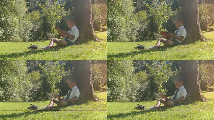 高清:小男孩在外面读书的广角镜头