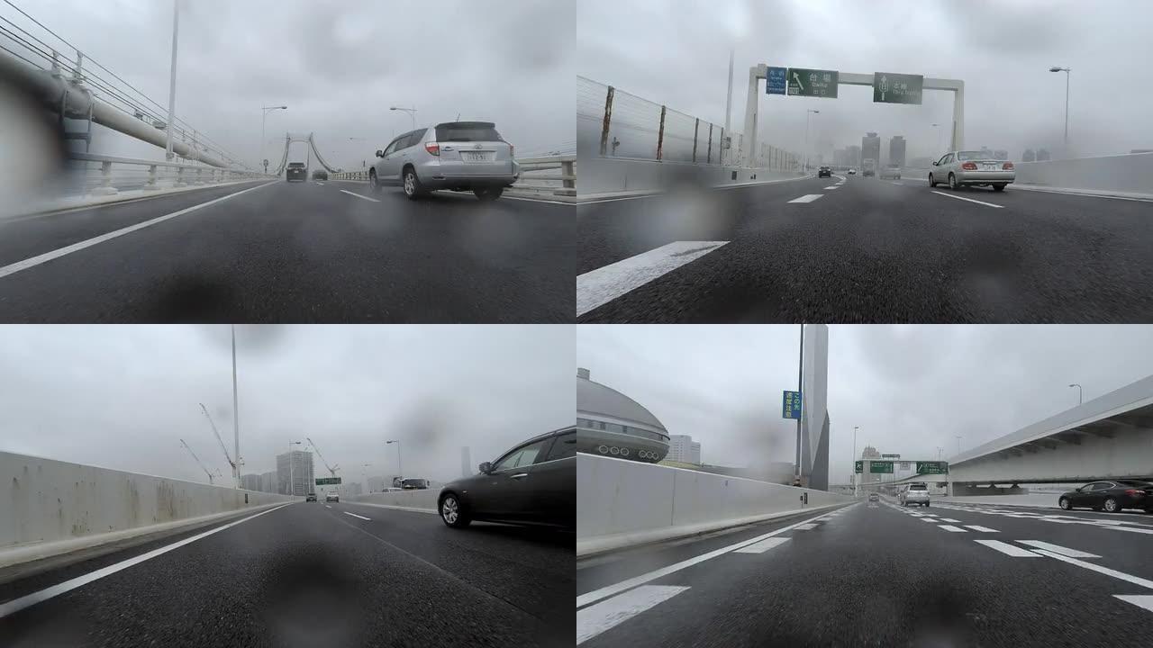 雨天驾驶的汽车-彩虹桥-4K