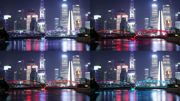 晚上的上海天际线夜景灯火车流金融中心城市