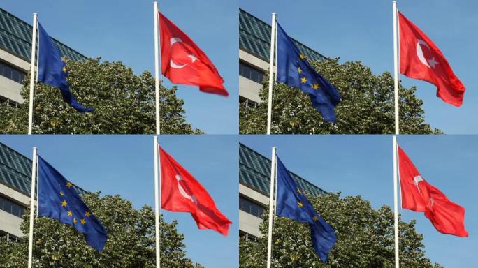 土耳其和欧洲国旗土耳其国旗飘扬欧盟旗帜俄