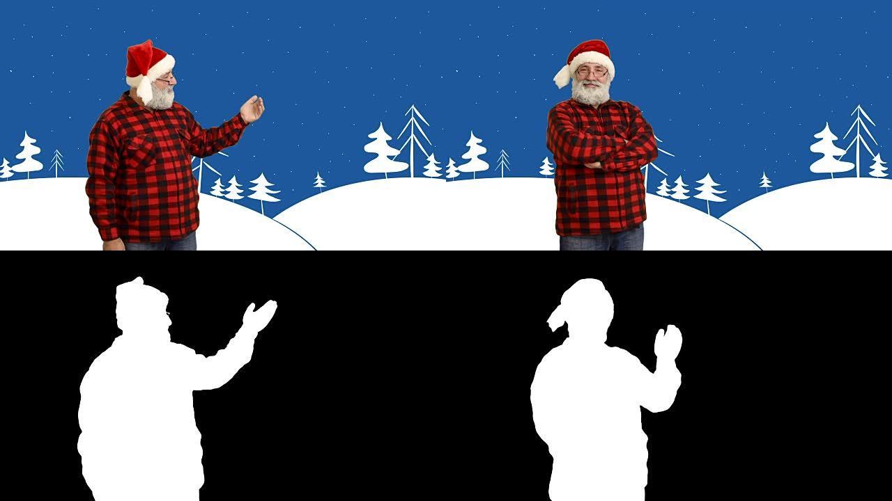 成人高级胡须男子展示一个复制空间，戴着帽子交叉双臂圣诞老人在卡通背景下以冬天为主题