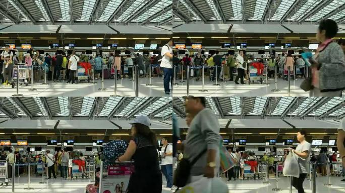 人群在机场柜台办理登机手续的时间流逝