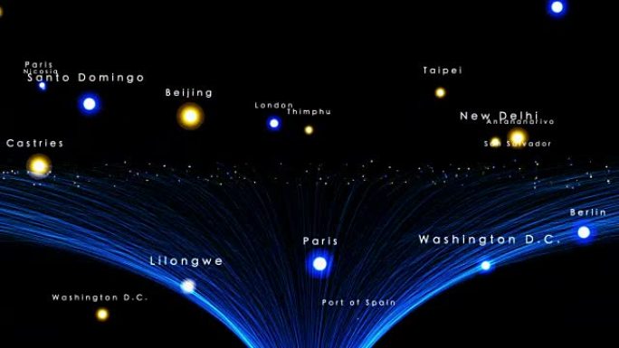 世界首都城市蓝色线条光子粒子文字漂浮