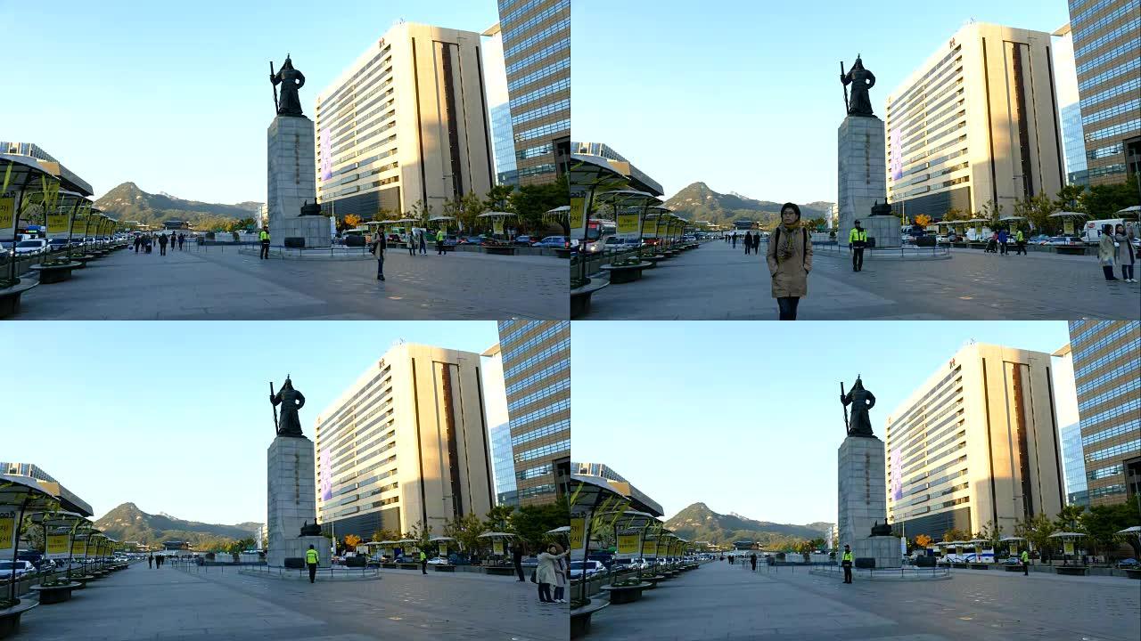 韩国海军英雄李舜臣海军上将在首尔市光化门广场的雕像