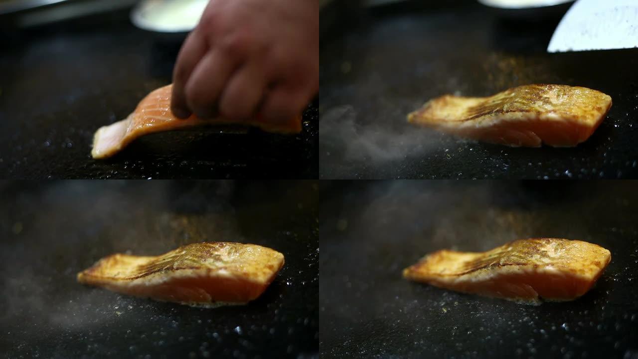 烹饪三文鱼牛排。烤肉串烤鱼烤蔬菜视频素材