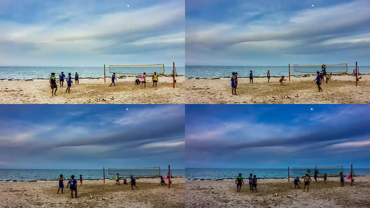 沙滩排球素材国外夕阳视频延时运动健身