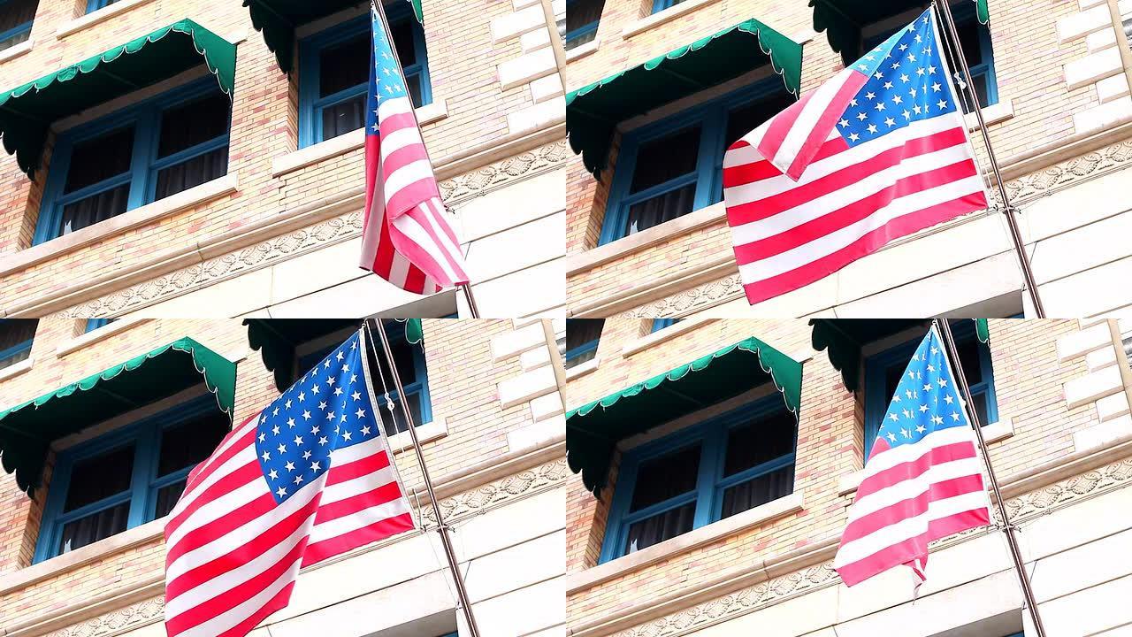 高清：建筑物背景上的美国国旗。