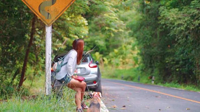 悲伤的漂亮女孩和狗坐在马路上
