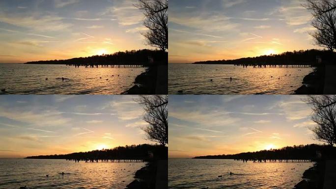 码头的日落湖湖边日落空境黄昏日落水面黄昏