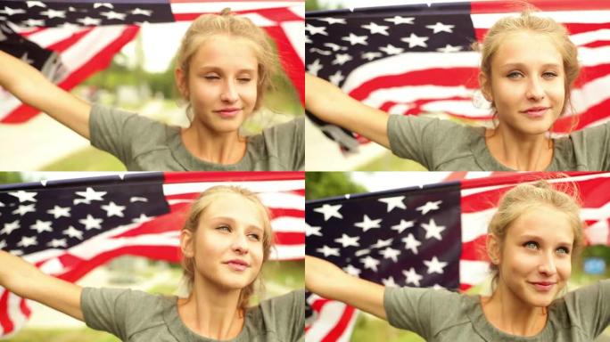 微笑的女孩挥舞着美国国旗。
