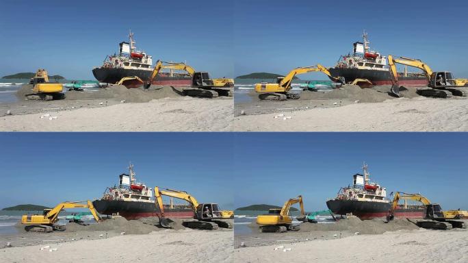 在海滩上工作的挖掘机
