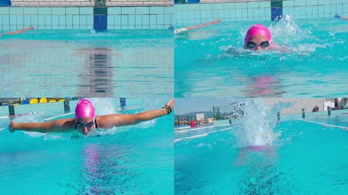 高清运动效果:年轻女子户外蝶泳