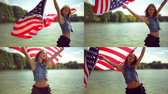 女孩挥舞着美国国旗。
