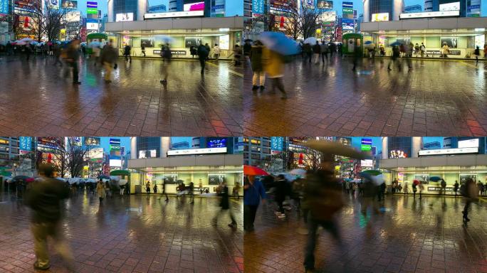 高清延时：黄昏时分，行人在涩谷车站下着雨