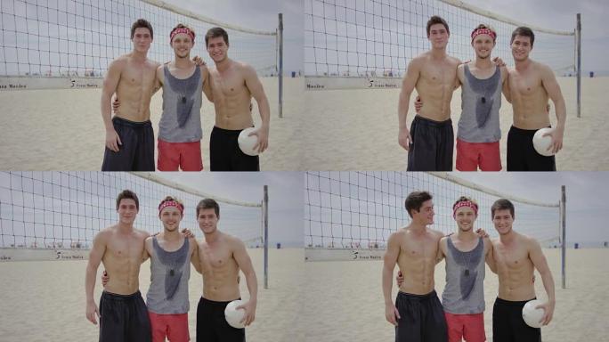 玩沙滩排球的朋友三个人面对镜头打球玩球