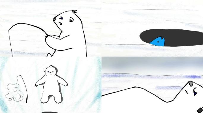 北极熊幼崽在洞里钓鱼
