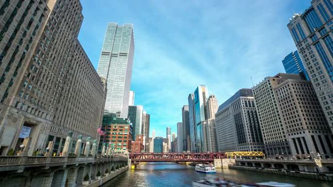 高清延时: 美国天际线城市景观芝加哥河