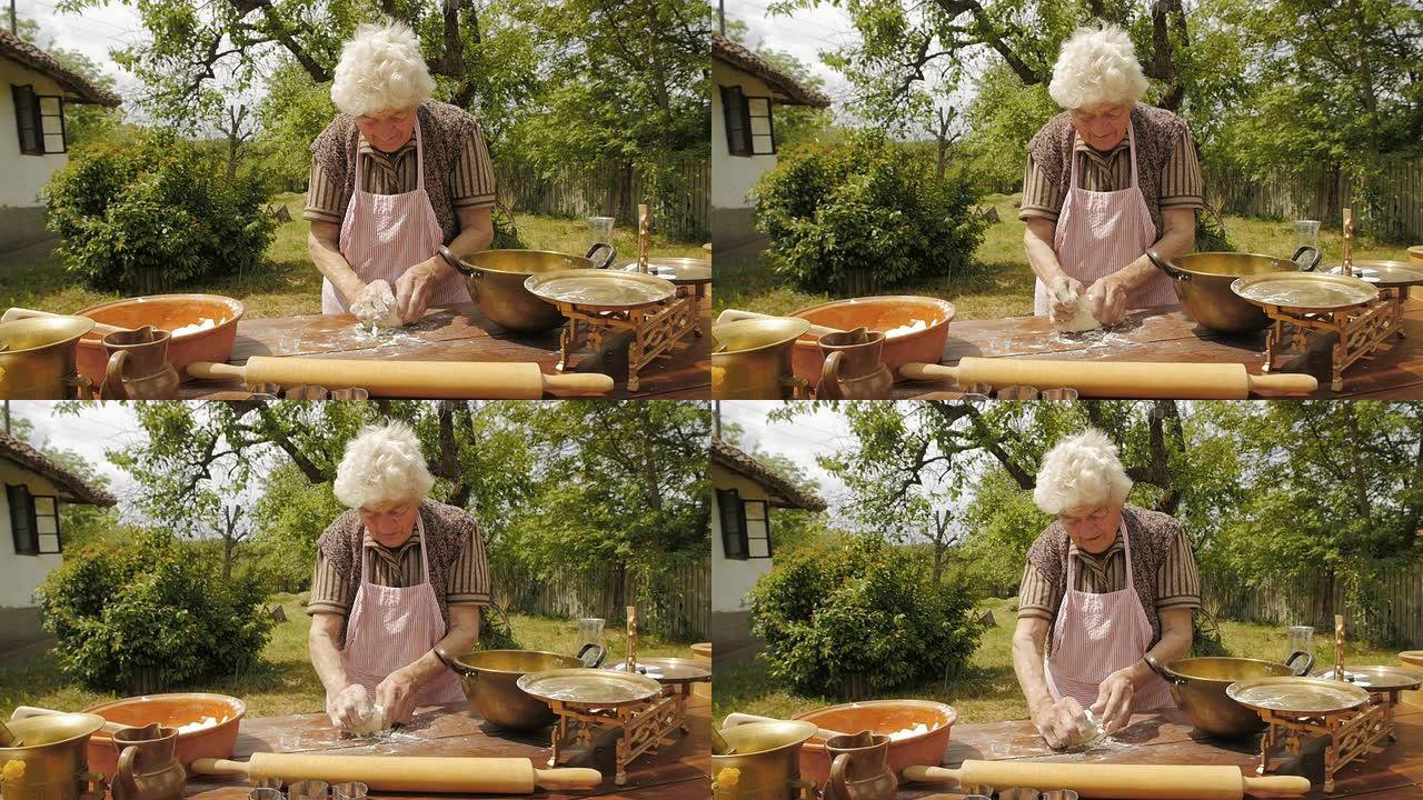 与老奶奶一起做饭-老农民女士做一条面包