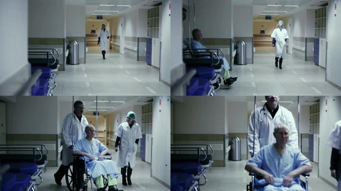 医生正开车送一个坐轮椅的病人沿着走廊走。
