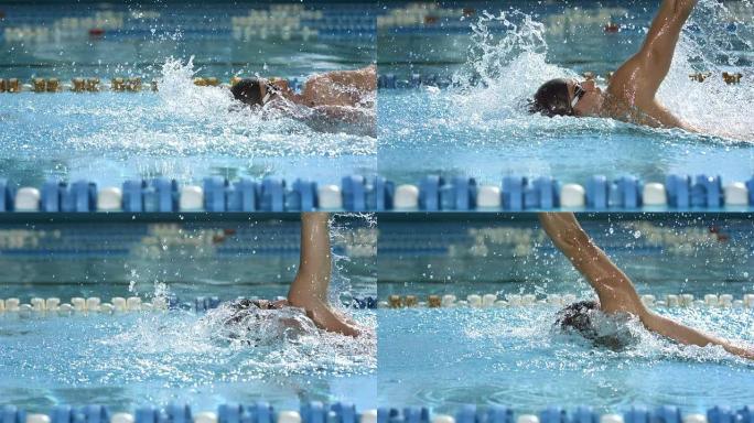 高清慢动作: 跟踪一名男子游泳仰泳