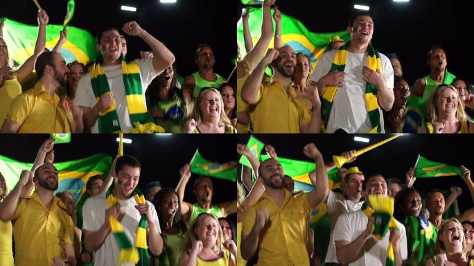 超级慢动作，巴西体育迷，支持者，人群跳跃