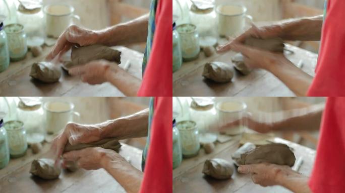 制陶粘土用力拍打压实和泥纯手工