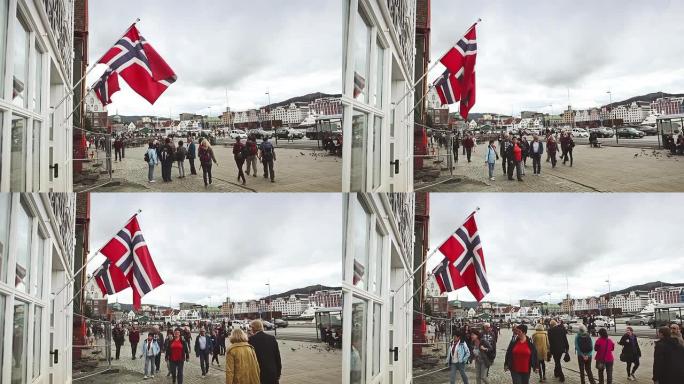 卑尔根Brygen的挪威国旗