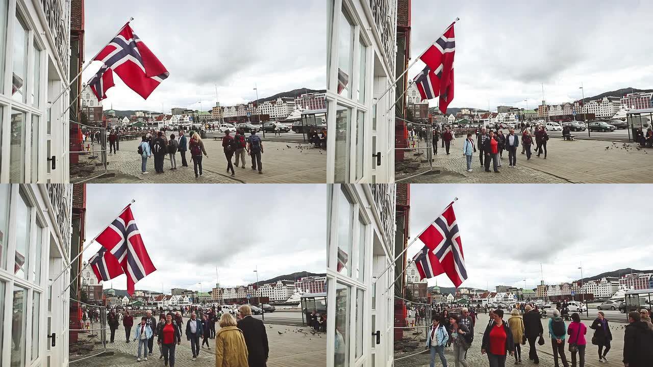 卑尔根Brygen的挪威国旗