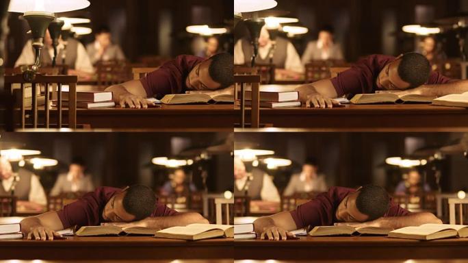 DS年轻男学生在图书馆看书时睡着了
