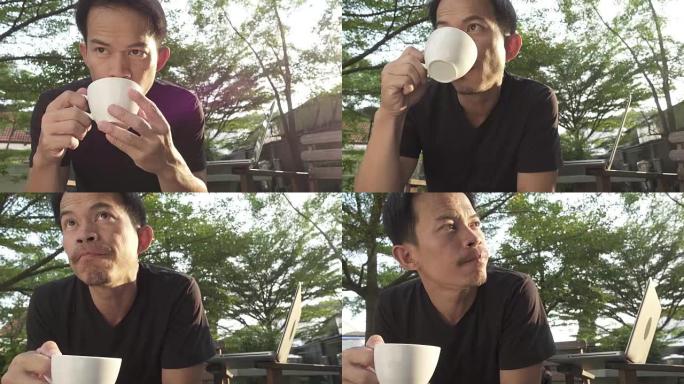 4K DOLLY: 男人喝热咖啡放松
