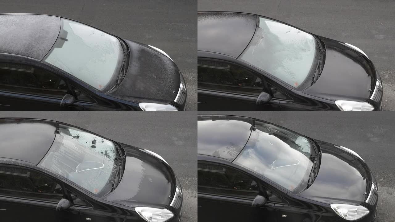 融化的冬季霜冻和汽车挡风玻璃上的冰高清视频