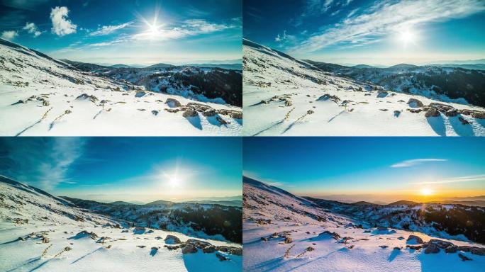 山上的日落延时摄影冬天雪地